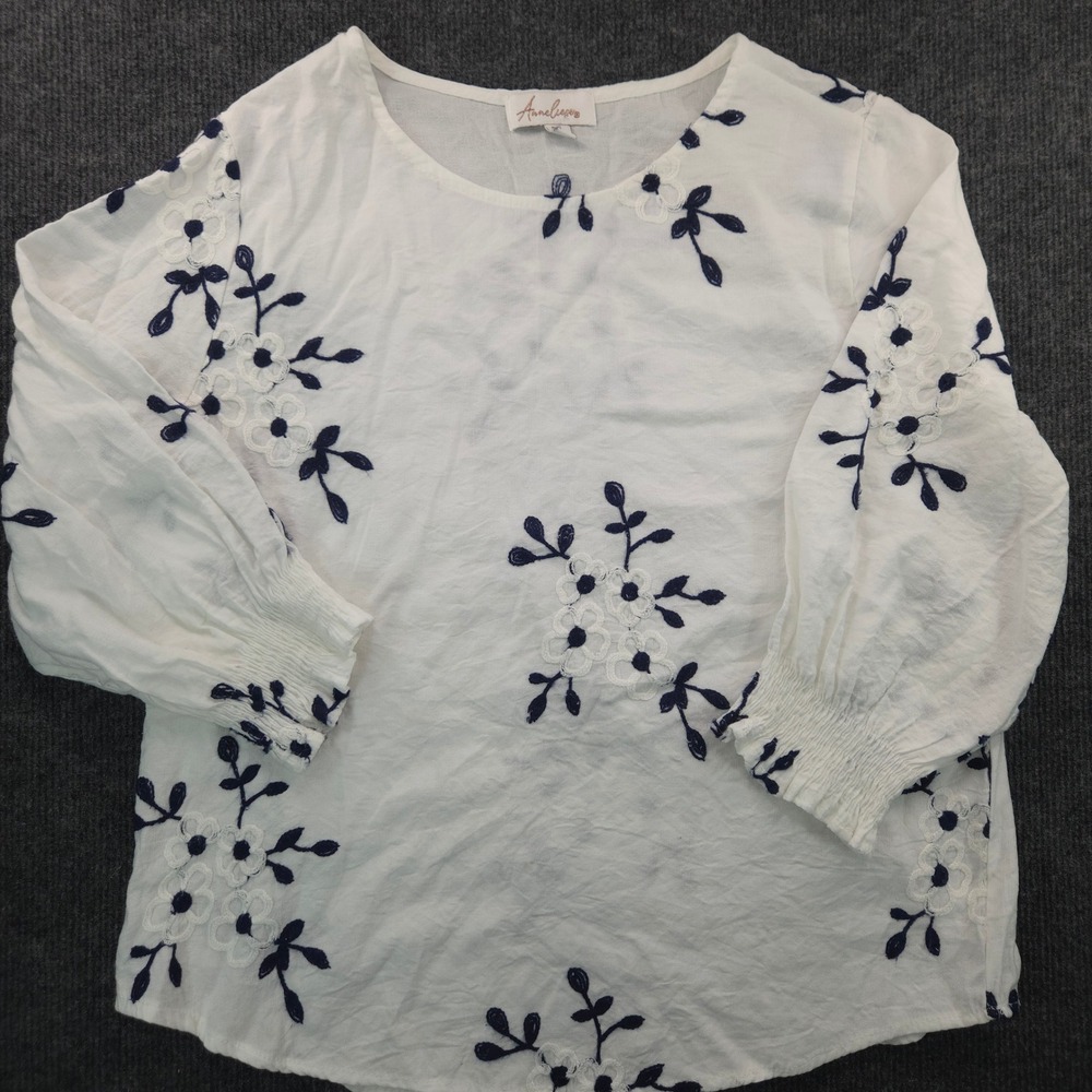 Anneliese PXL White Floral Embroidered Blouse Smocked Cuff Whimsical Cottagecore